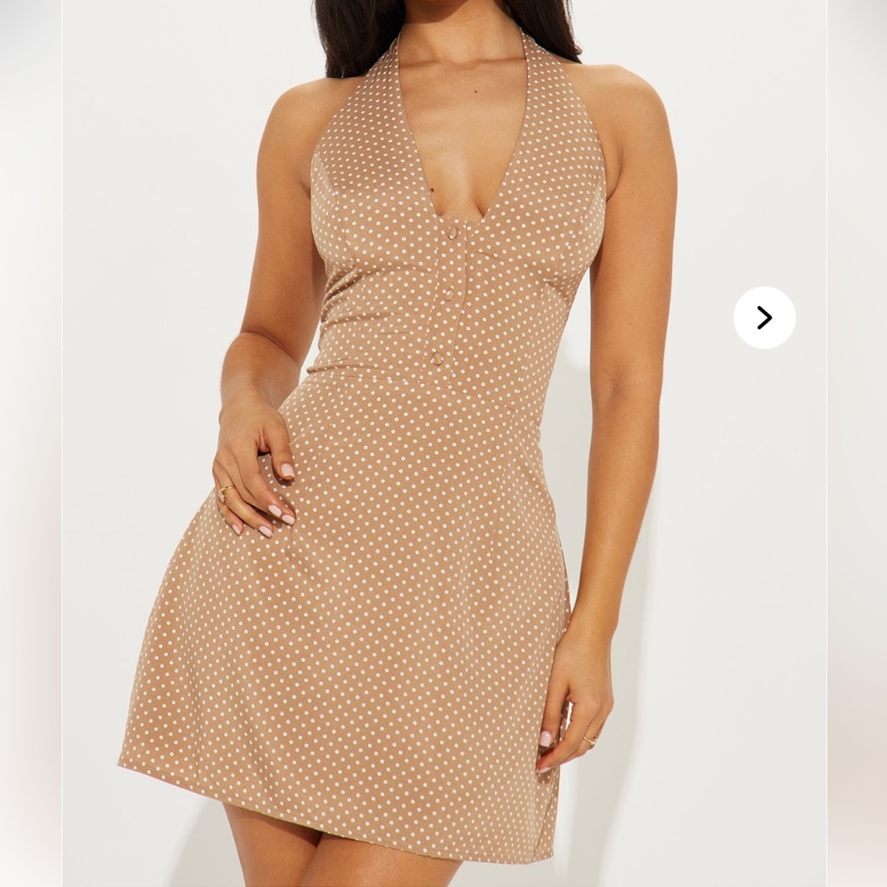 Elegant Tan Polka Dot Halter Dress